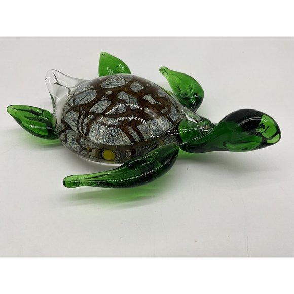 Italian Art Glass Sea Turtle Green Marbled Paperweight Gold Brown Marine - Picture 8 of 16